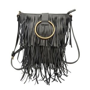 Deb & Dave Black Fringe Crossbody Bag Gold Ring Boho Vegan Leather Handbag